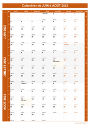 Calendrier pour les mois de Juin à Août 2023 portrait 1