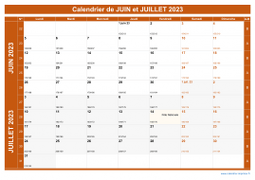 Calendrier pour les mois de Juin et Juillet 2023 paysage 1