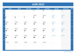 Calendrier juin 2023 paysage avec vacances, jours fériés et numéros de semaine