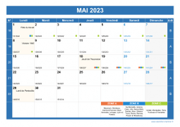 Calendrier mai 2023 paysage avec vacances, jours fériés et numéros de semaine