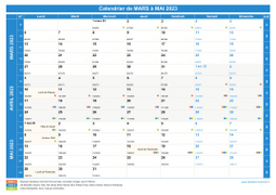 Calendrier scolaire pour Mars à Mai 2023 paysage 1