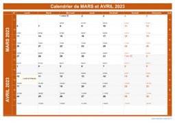 Calendrier pour les mois de Mars et Avril 2023 paysage 1