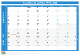 Calendrier scolaire pour Mars et Avril 2023 paysage 1