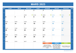 Calendrier mars 2023 paysage avec vacances, jours fériés et numéros de semaine
