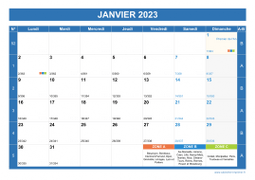 Calendrier mensuel 2023 paysage avec vacances, jours fériés, phase de la lune et numéros de semaine