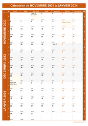 Calendrier pour les mois de Novembre 2023 à Janvier 2024 portrait 1