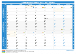 Calendrier scolaire pour Novembre 2023 à Janvier 2024 paysage 1
