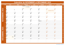 Calendrier pour les mois de Novembre et Décembre 2023 paysage 1