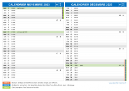 Calendrier scolaire pour Novembre et Décembre 2023 paysage 2