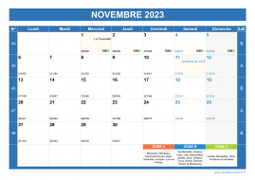 Calendrier novembre 2023 paysage avec vacances, jours fériés et numéros de semaine