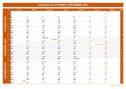 Calendrier pour les mois de Octobre à Décembre 2023 paysage 1