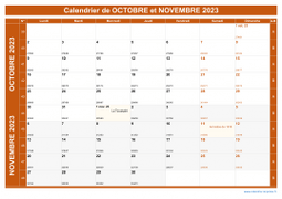 Calendrier pour les mois de Octobre et Novembre 2023 paysage 1