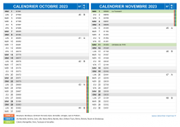 Calendrier scolaire pour Octobre et Novembre 2023 paysage 2
