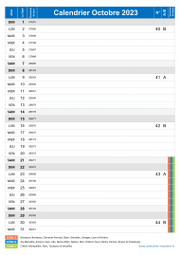 Calendrier octobre 2023 portrait avec vacances, jours fériés et numéros de semaine