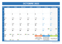 Calendrier octobre 2023 paysage avec vacances, jours fériés et numéros de semaine