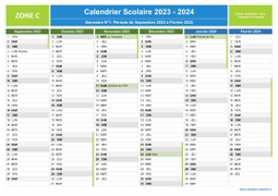 Calendrier scolaire 2023-2024 avec jours fériés - Zone C à imprimer - 1er semestre