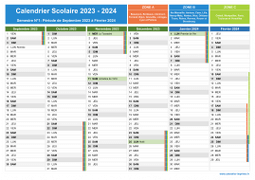 Calendrier scolaire 2023-2024 avec jours fériés à imprimer - 1er et 2nd semestre