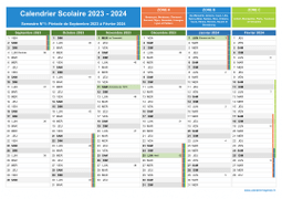 Calendrier scolaire 2023-2024 avec jours fériés et numéros de semaine - Zones A-B-C - 1er semestre