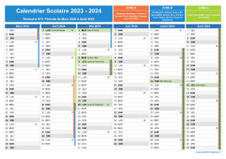 Calendrier scolaire 2023-2024 avec jours fériés et numéros de semaine - Zones A-B-C - 2nd semestre