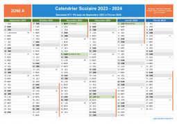 Calendrier scolaire 2023-2024 avec jours fériés et numéros de semaine - Zone A - 1er semestre