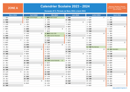 Calendrier scolaire 2023-2024 avec jours fériés et numéros de semaine - Zone A - 2nd semestre