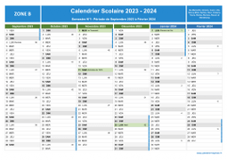 Calendrier scolaire 2023-2024 avec jours fériés et numéros de semaine - Zone B - 1er semestre