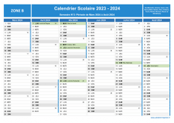 Calendrier scolaire 2023-2024 avec jours fériés et numéros de semaine - Zone B - 2nd semestre