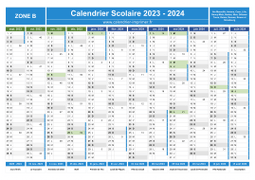 Calendrier scolaire 2023-2024 avec jours fériés et numéros de semaine - Zone B