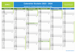 Calendrier scolaire 2023-2024 avec jours fériés et numéros de semaine - Zone C - 1er semestre