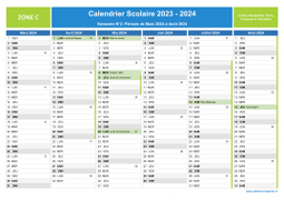 Calendrier scolaire 2023-2024 avec jours fériés et numéros de semaine - Zone C - 2nd semestre