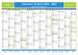 Calendrier scolaire 2023-2024 avec jours fériés et numéros de semaine - Zone C