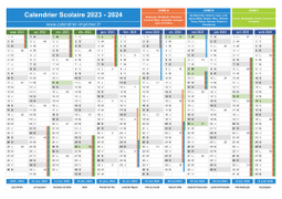 Calendrier scolaire 2023-2024 avec jours fériés et numéros de semaine - Zones A-B-C