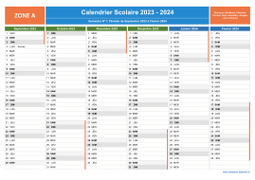 Calendrier scolaire 2023-2024 de la Zone A à imprimer - 1er et 2nd semestre