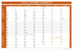 Calendrier pour les mois de Septembre à Novembre 2023 paysage 1