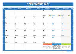 Calendrier septembre 2023 paysage avec vacances, jours fériés et numéros de semaine