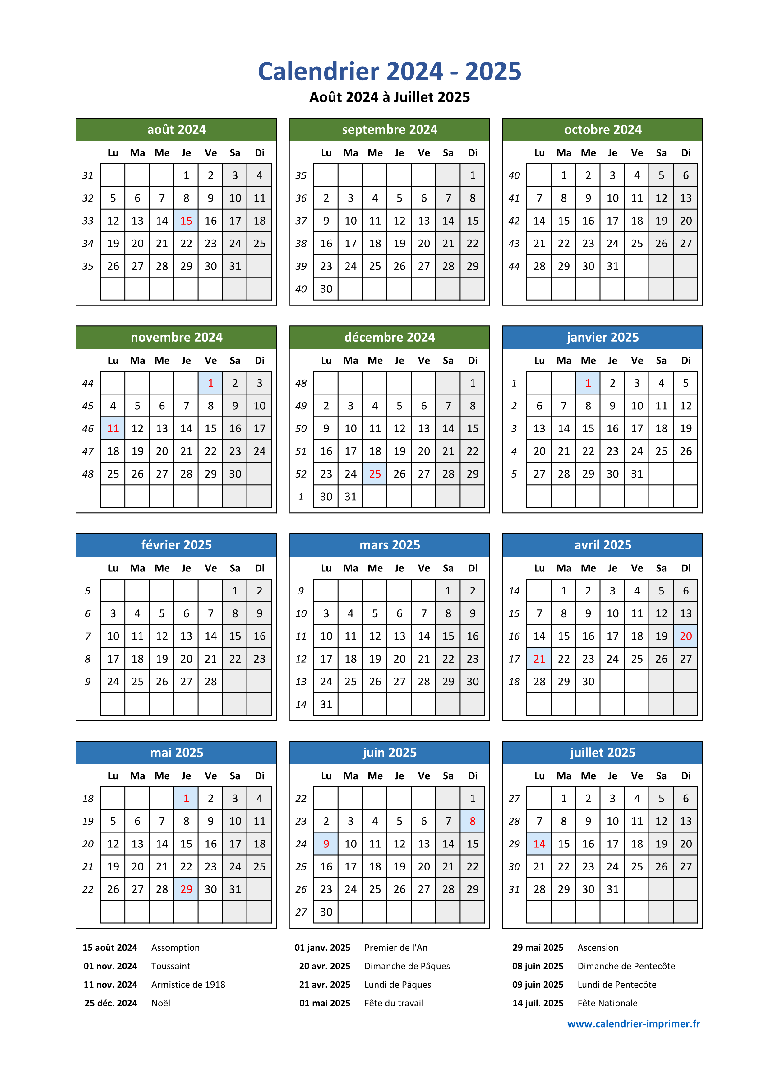 Calendrier annuel 2024 et 2025 imprimable, recharge à imprimer en français  pour planner format A5 et A4, page de notes pour aperçu annuel -   France