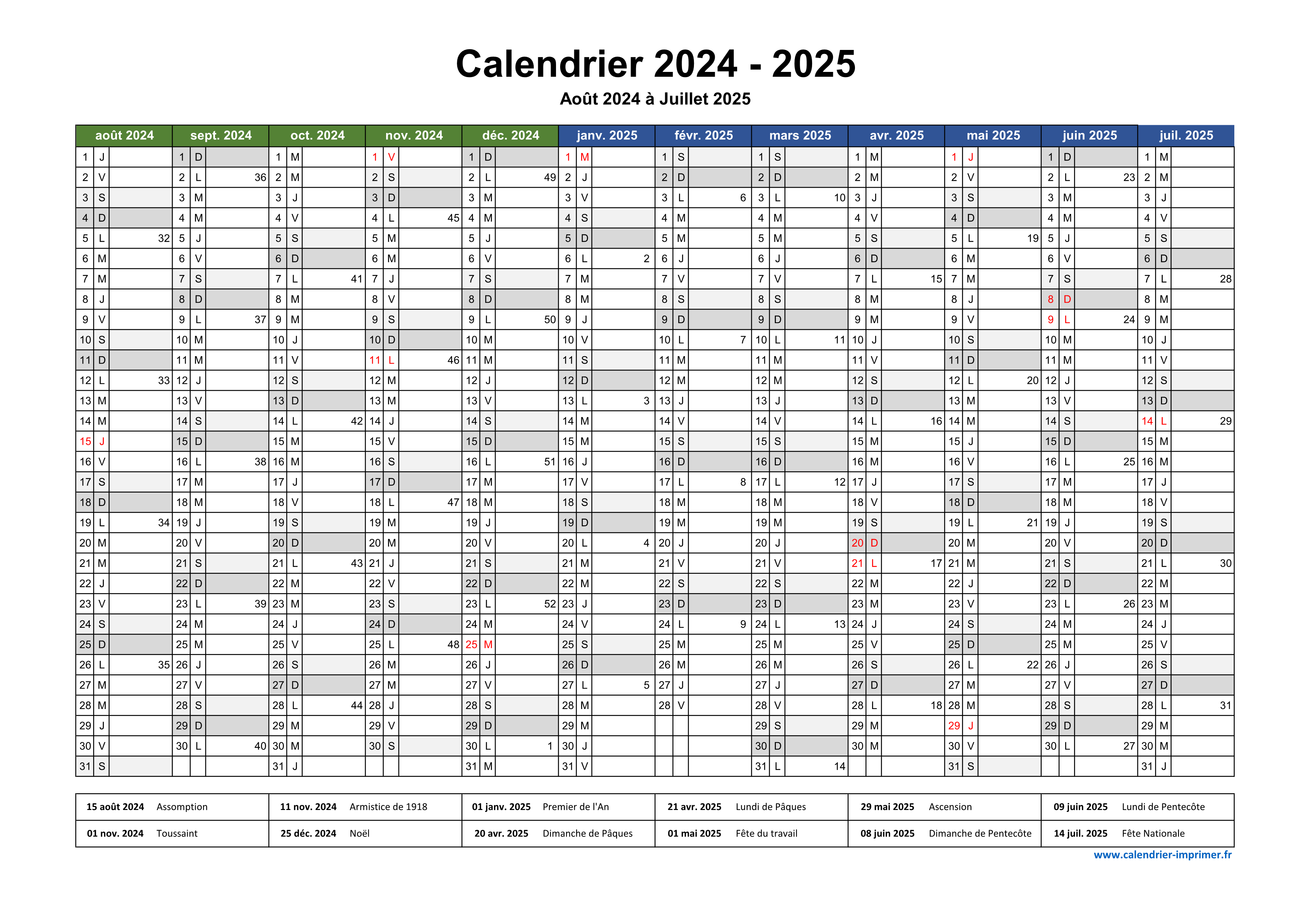 Calendrier 2024-2025 Calendrier mural, janvier 2024 - juin 2025 Calendrier,  calendrier des jours fériés 18 mois