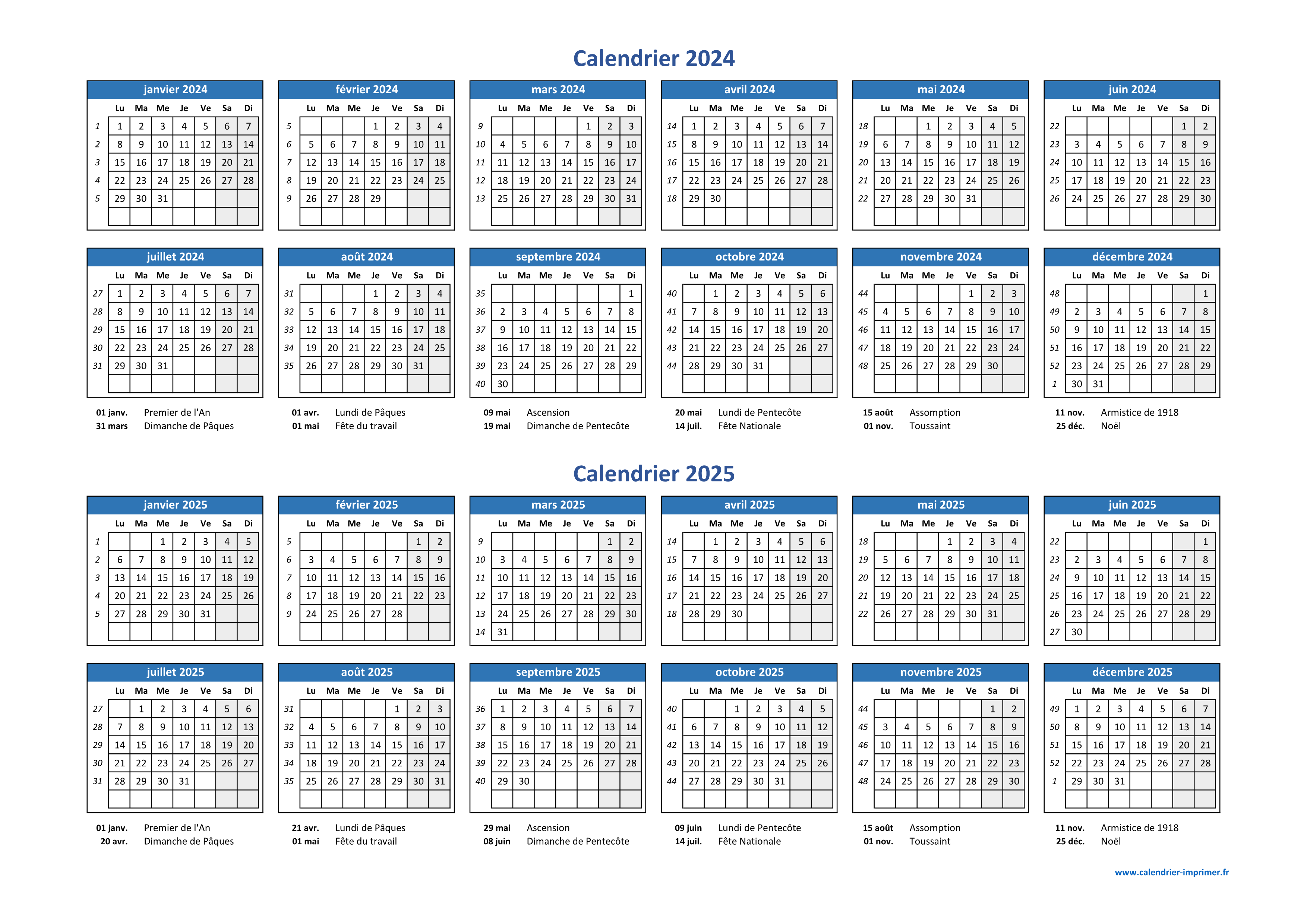 Numéro de semaine 2024-2025 : liste - dates - calendrier