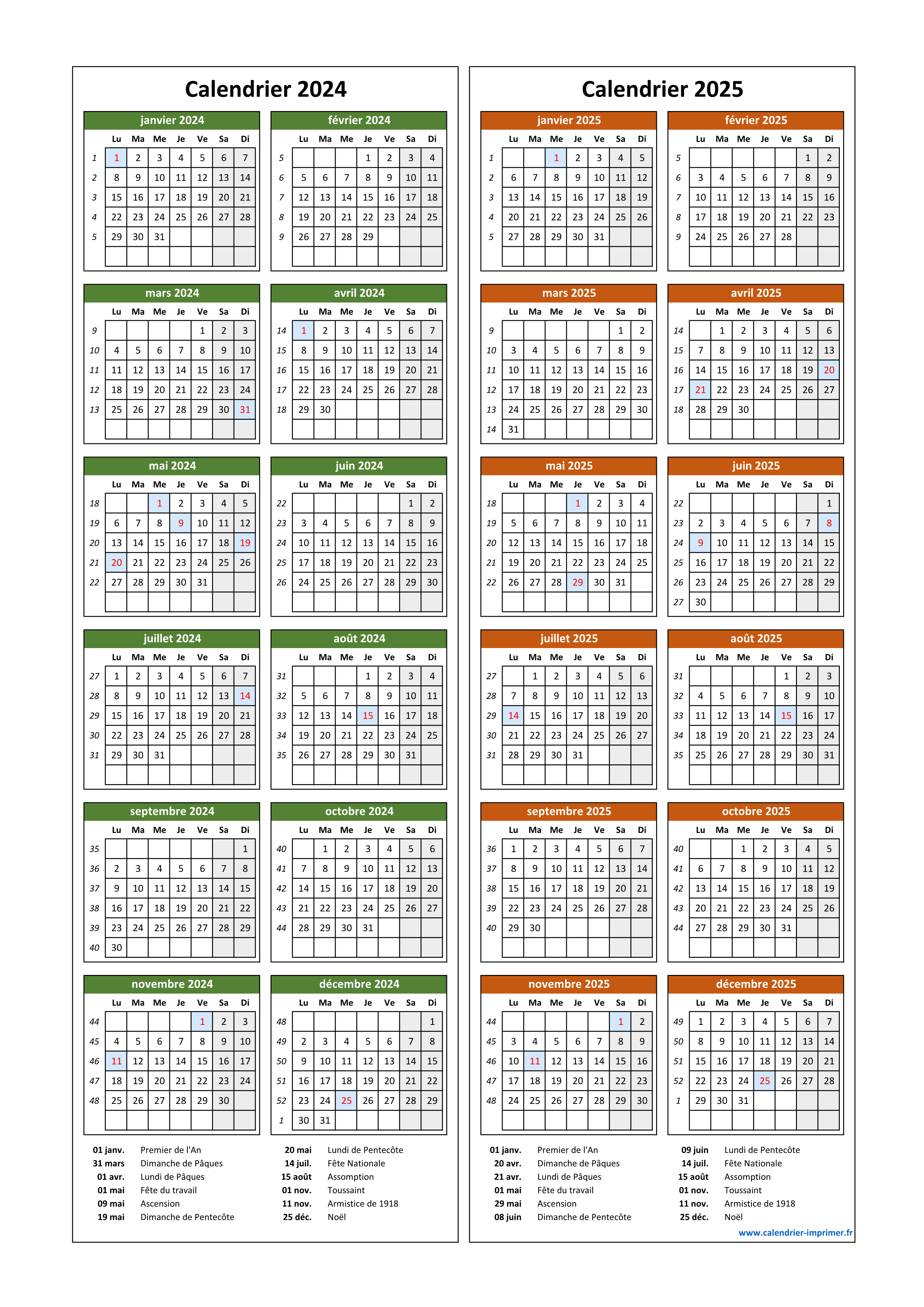 Calendrier annuel 2024 et 2025 imprimable, recharge à imprimer en français  pour planner format A5 et A4, page de notes pour aperçu annuel -   France