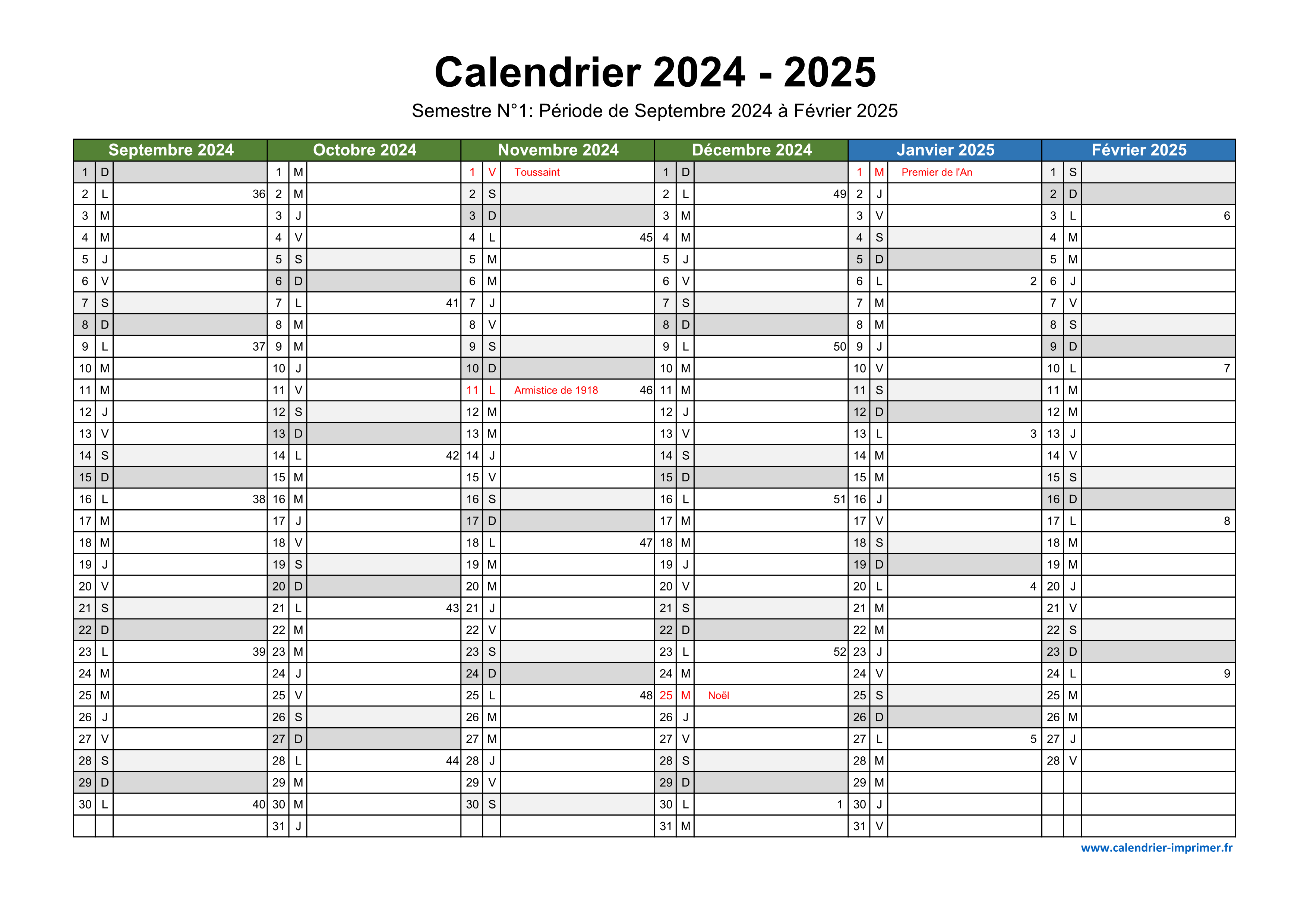 Calendrier 2024-2025 à imprimer