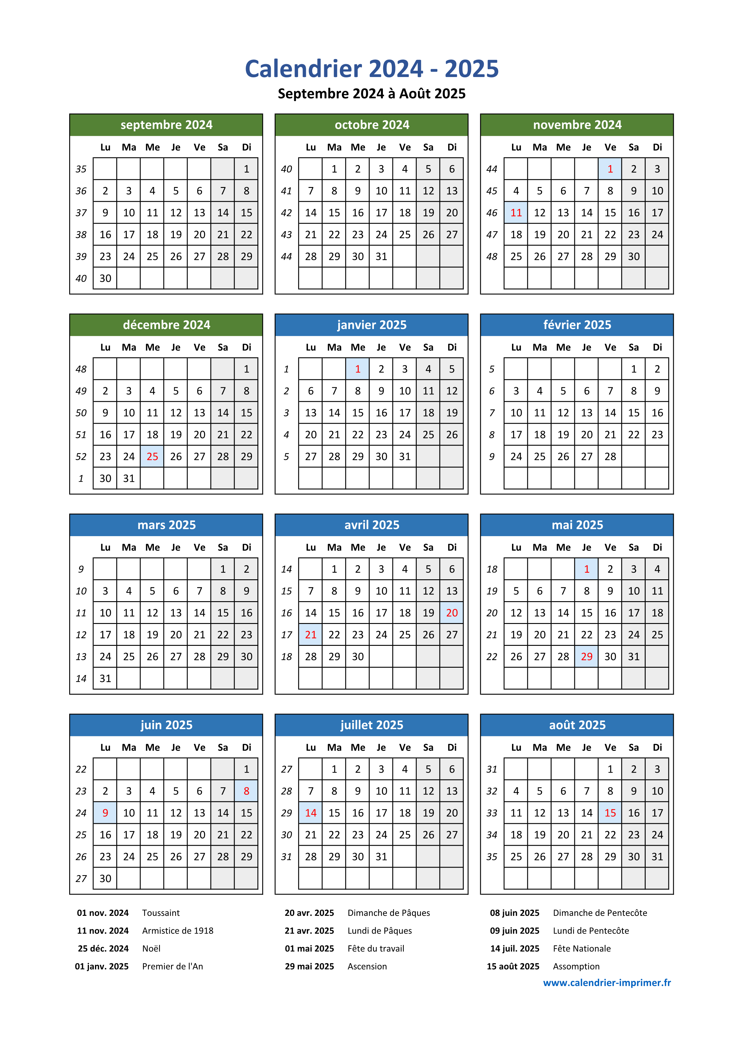 Calendrier 2024-2025 à imprimer