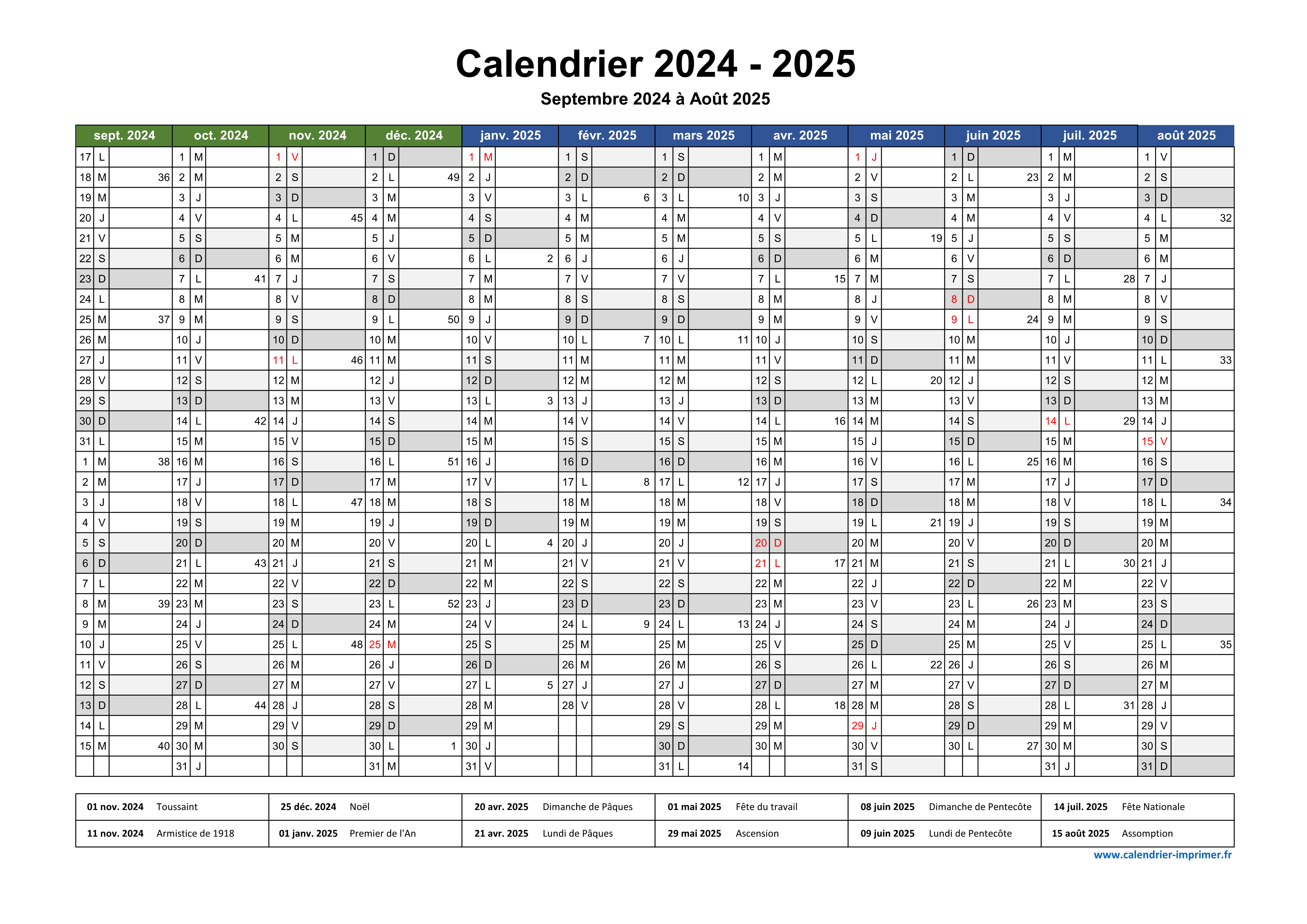 Calendrier 2024 à imprimer - Agenda 2024 gratuit - Planitica