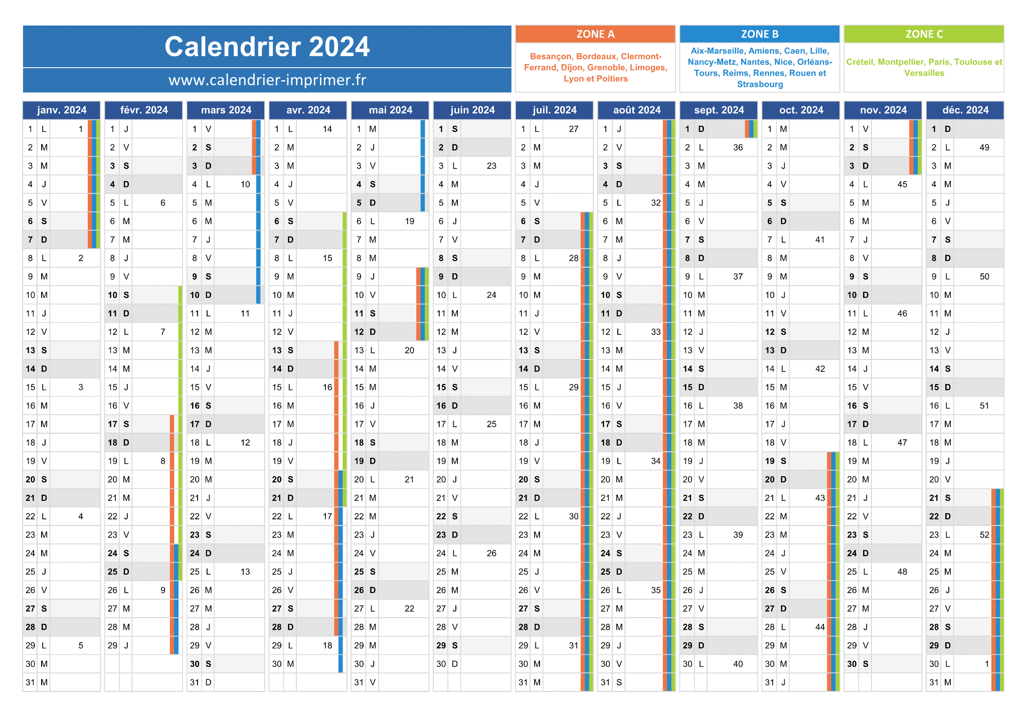 Calendrier 2024 à imprimer gratuitement - PDF, XLS