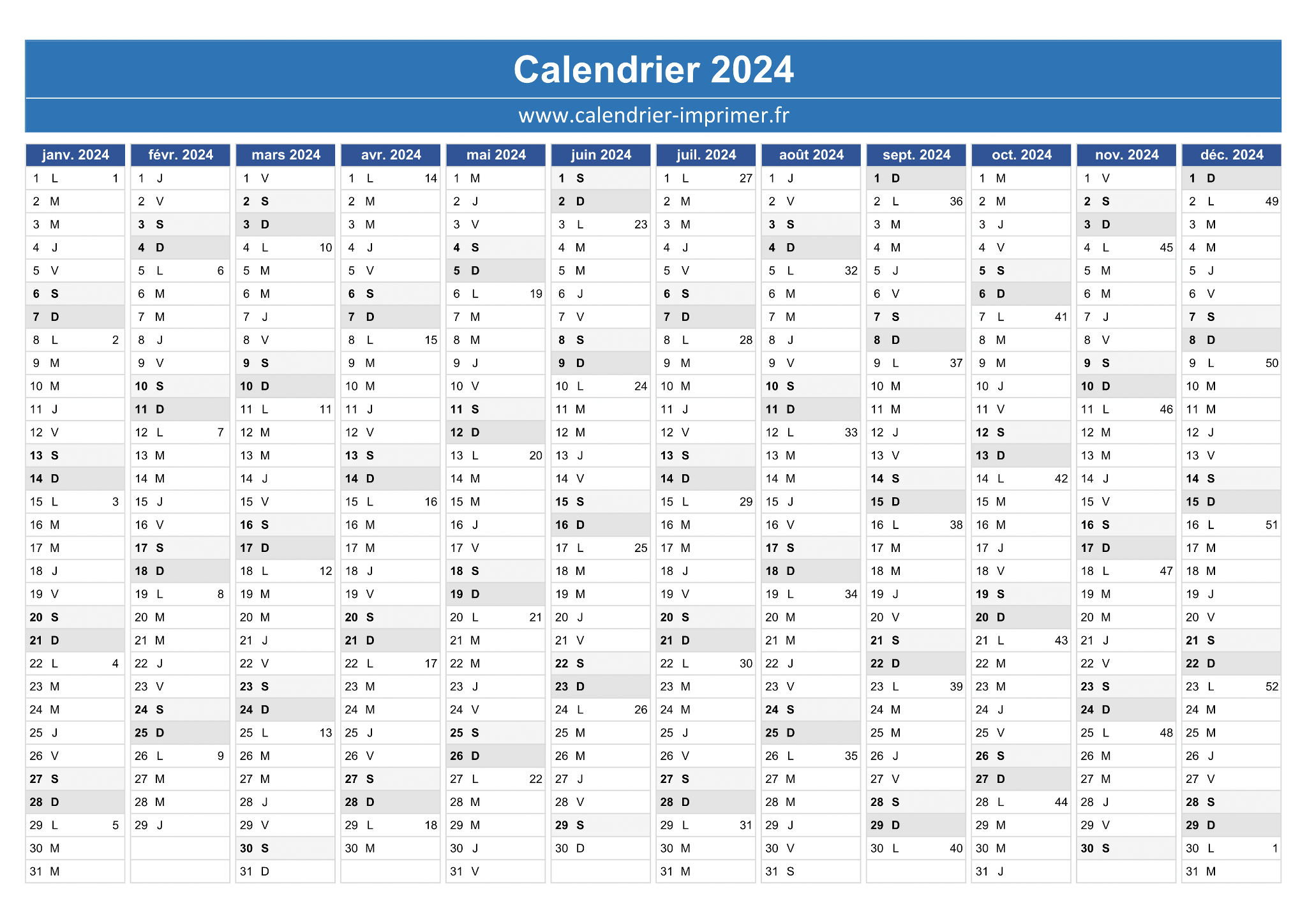 Calendrier 2024 - Planning - Bloc Ephéméride