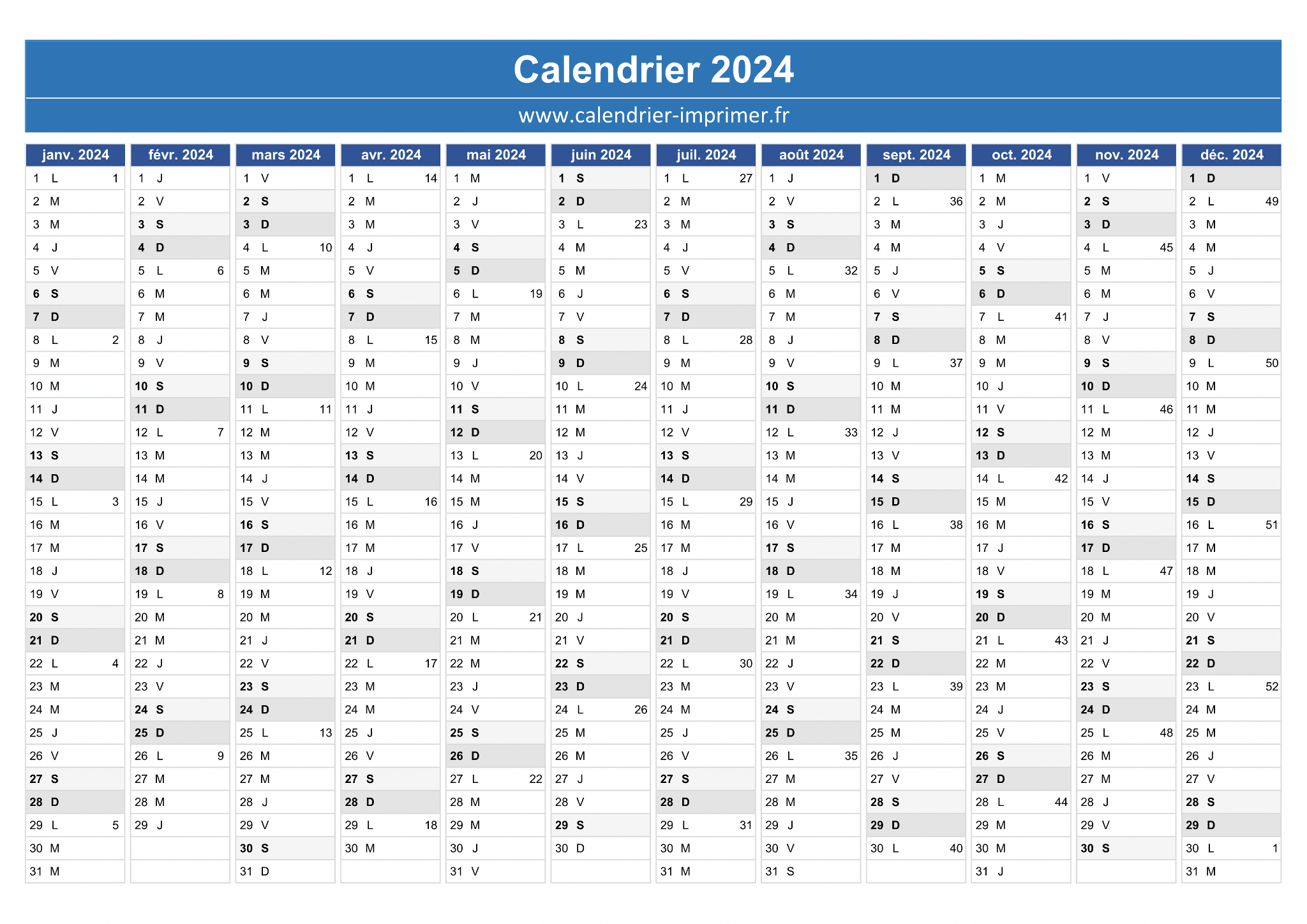 Calendrier 2024 à imprimer : jours fériés, vacances, numéros de