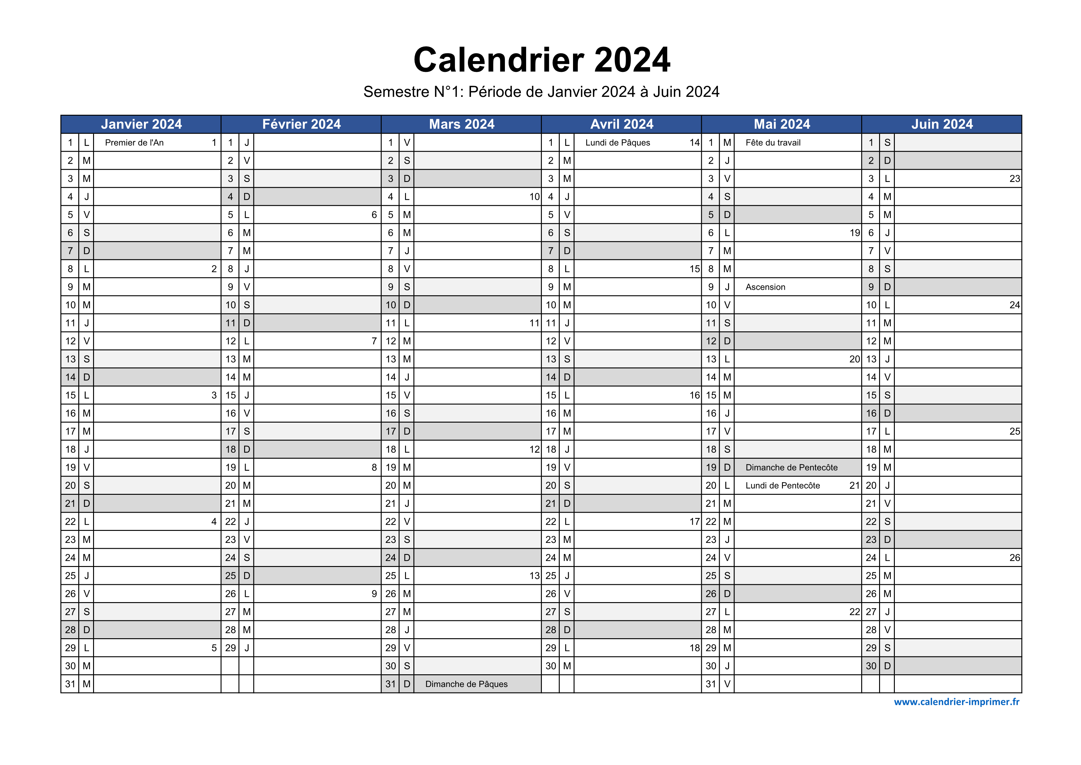 Calendrier semestriel 2024 à imprimer pour le 1er et le 2ème