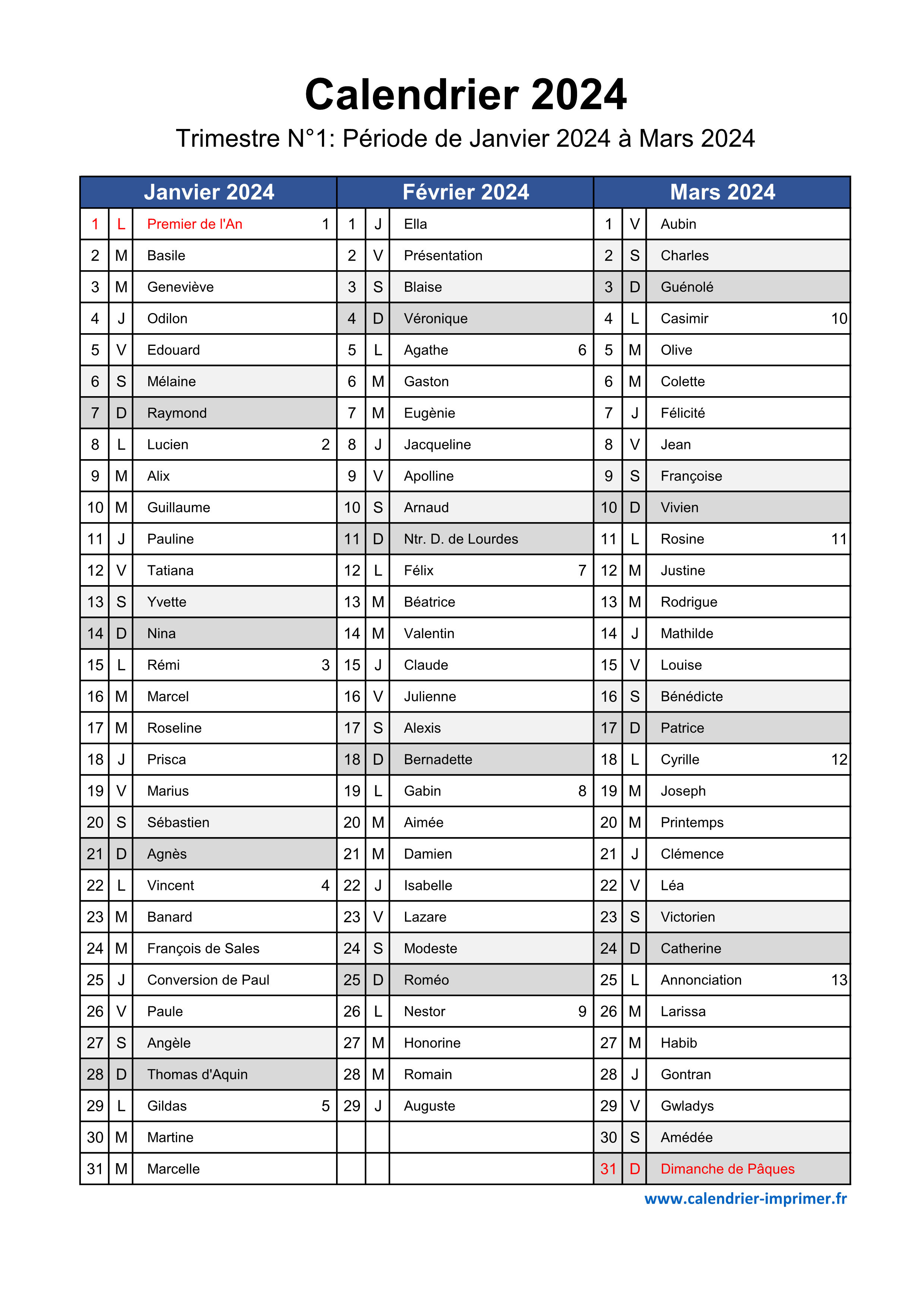 Calendrier 2024 à imprimer gratuit