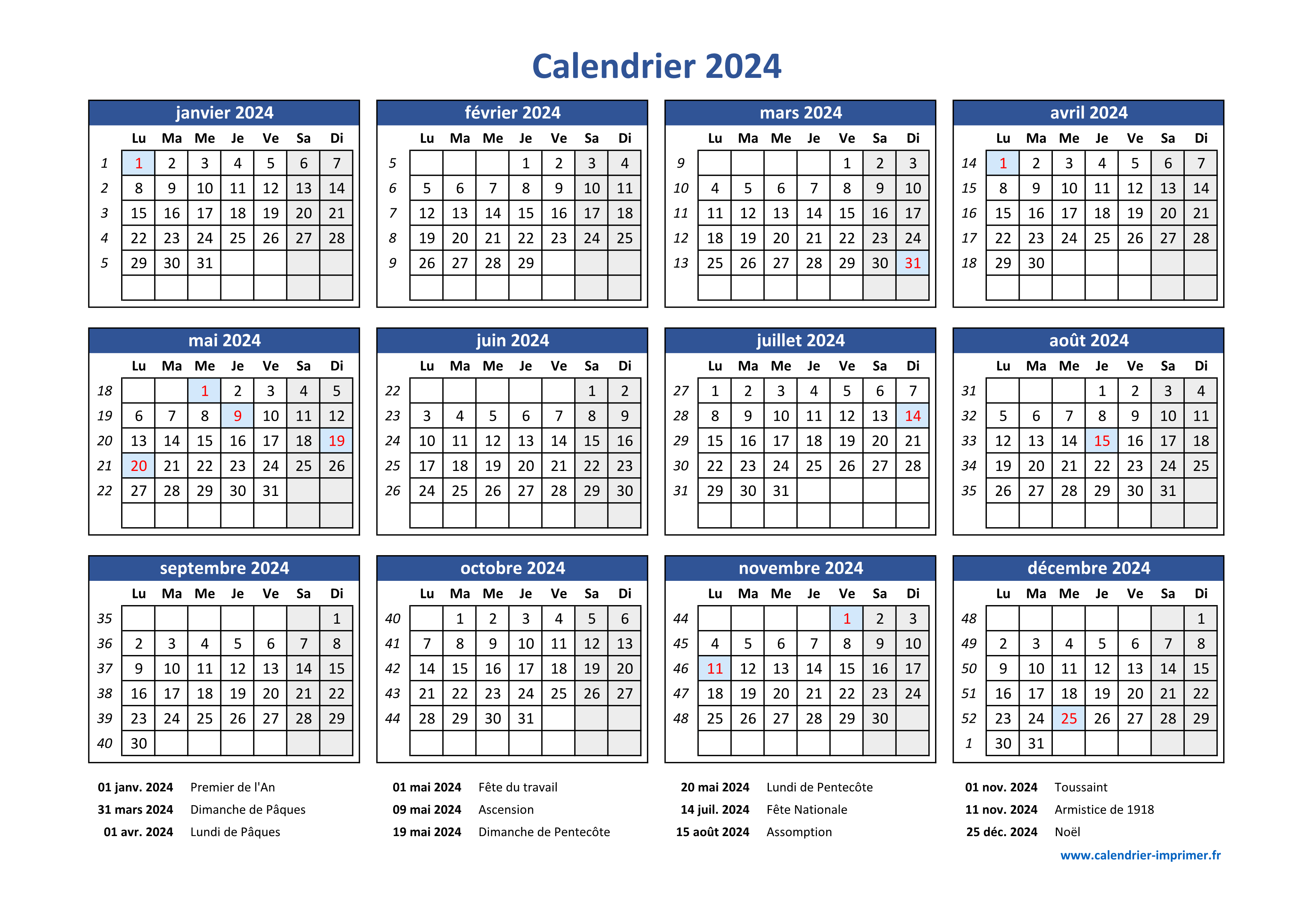 Calendrier 2024 : le calendrier gratuit de l'année 2024 avec les