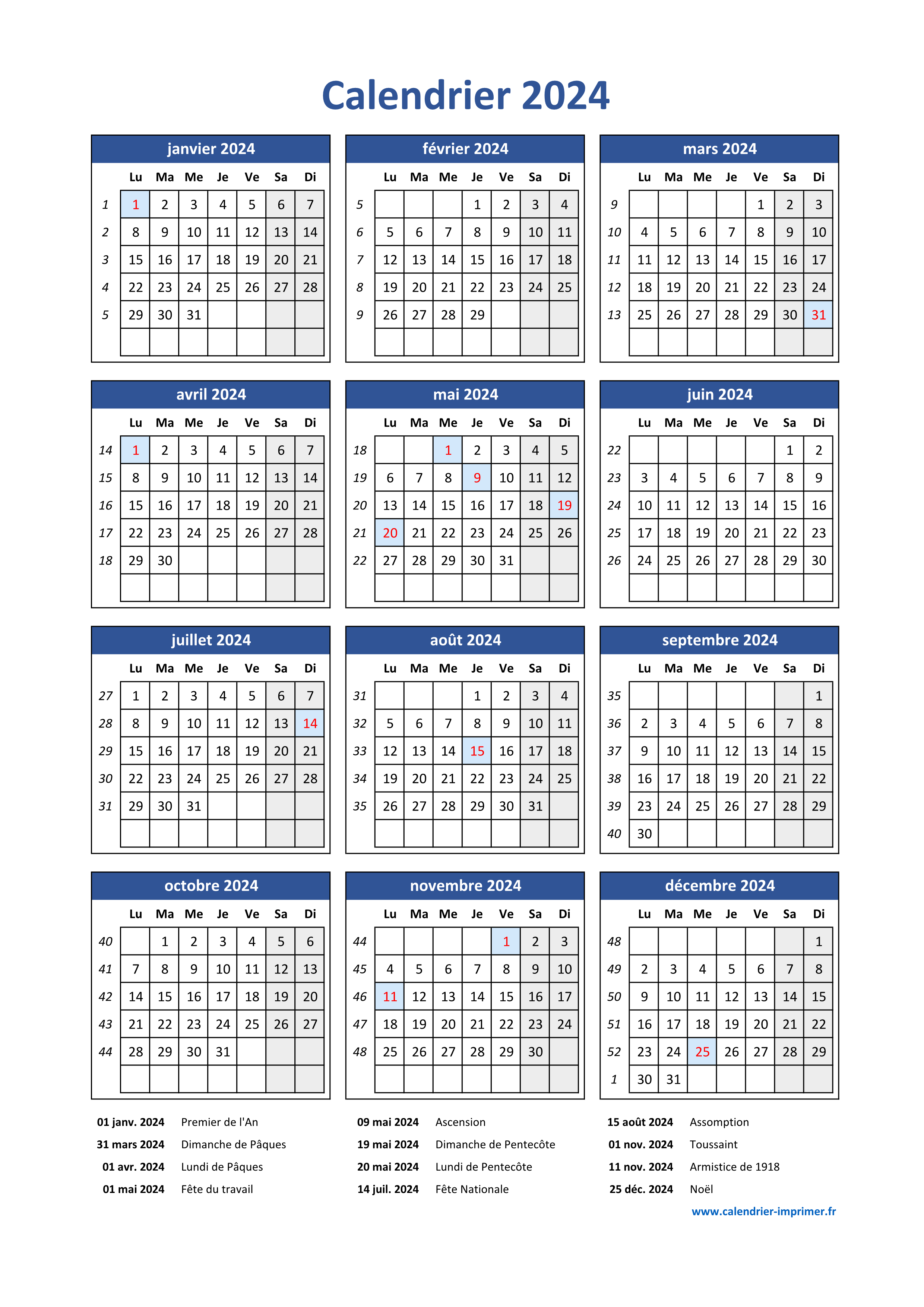 Calendriers 2024 gratuits à imprimer - 300 modèles