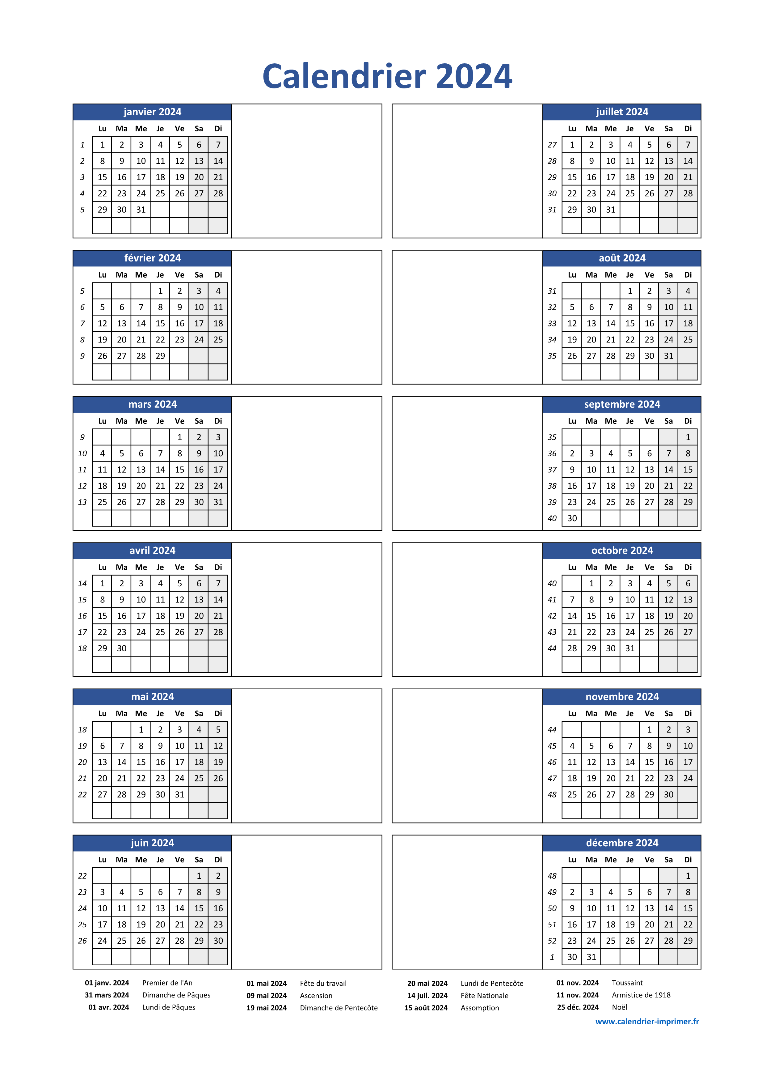 Calendrier 2024, calendrier annuel, agenda, calendrier, une page
